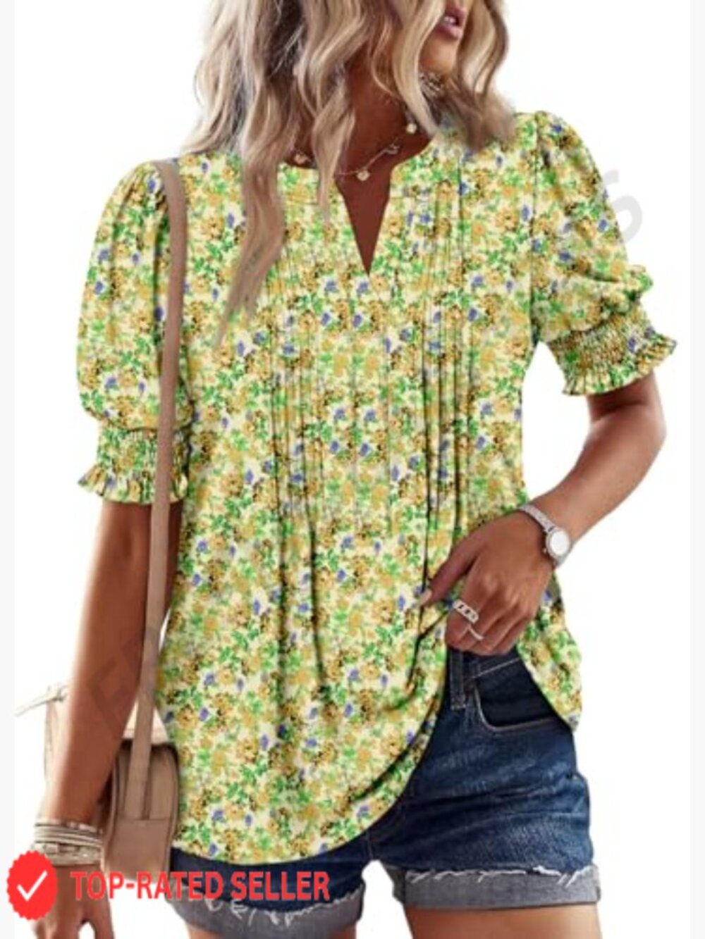 Dressy Casual Top Puff Sleeve Pleated Blouse Loose Trendy Summer Shirt V-Neck - Picture 3 of 7